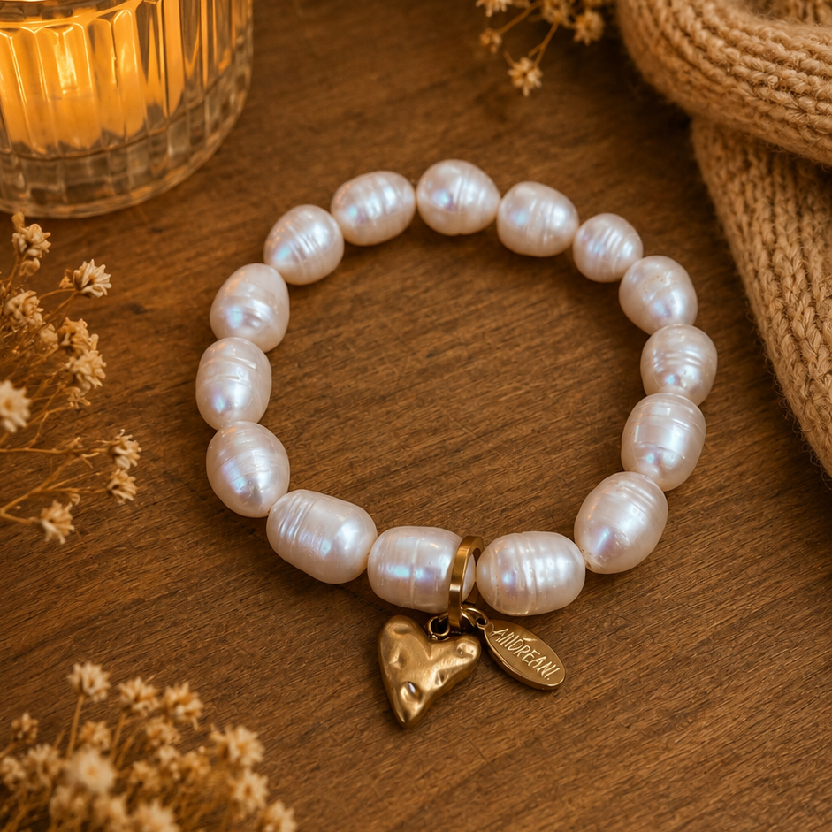 Armband aus echten Süsswasserperlen wasserfest mit Edelstahlherz goldfarbig