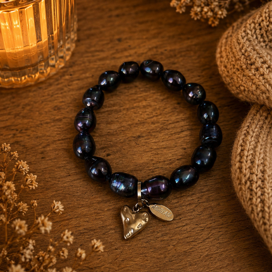 Armband aus echten Süsswasserperlen wasserfest mit Edelstahlherz goldfarbig