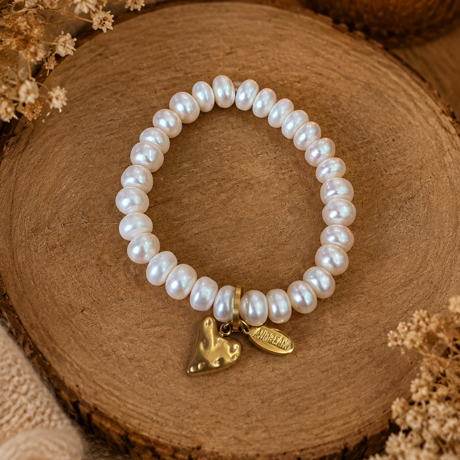Armband aus echten Süsswasserperlen wasserfest mit Edelstahlherz goldfarbig