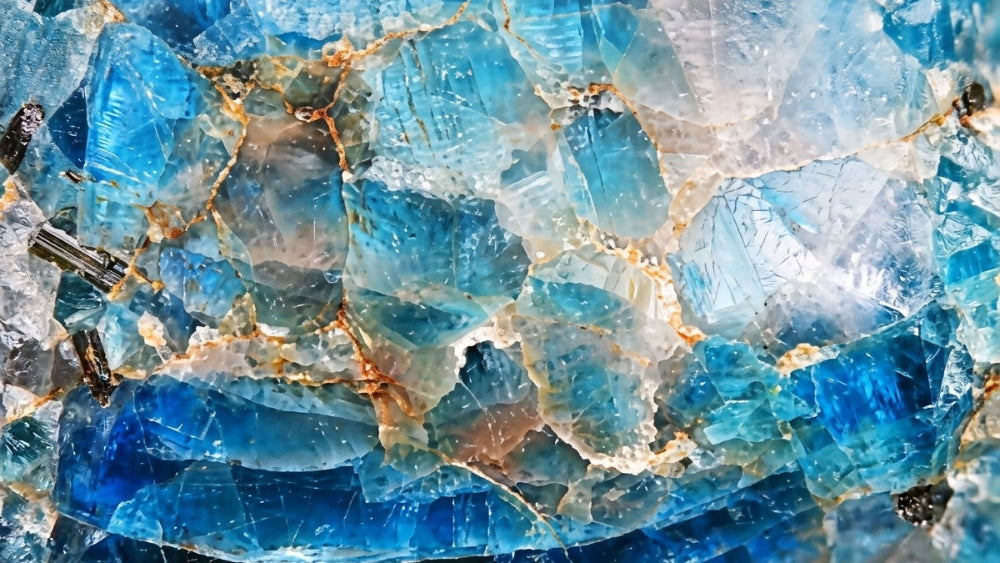 Nahaufnahme eines blauen Apatit Minerals mit facettenreichen, kristallinen Bruchstücken in Schattierungen von Hellblau bis Tiefblau. Das Mineral weist unregelmäßige, bräunlich-orangefarbene Linien und dunkle, nadelförmige Einschlüsse auf.