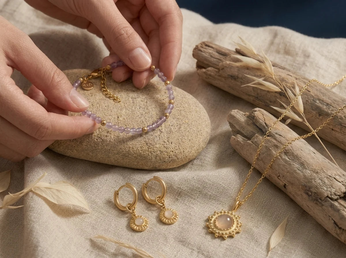 Goldkette mit rundem Anhänger, der einen blau-grün marmorierten Stein im Planeten-Design zeigt. Die Kette schwebt vor einem verschwommenen Hintergrund aus hellem Sandstrand und türkisblauem Meer.
