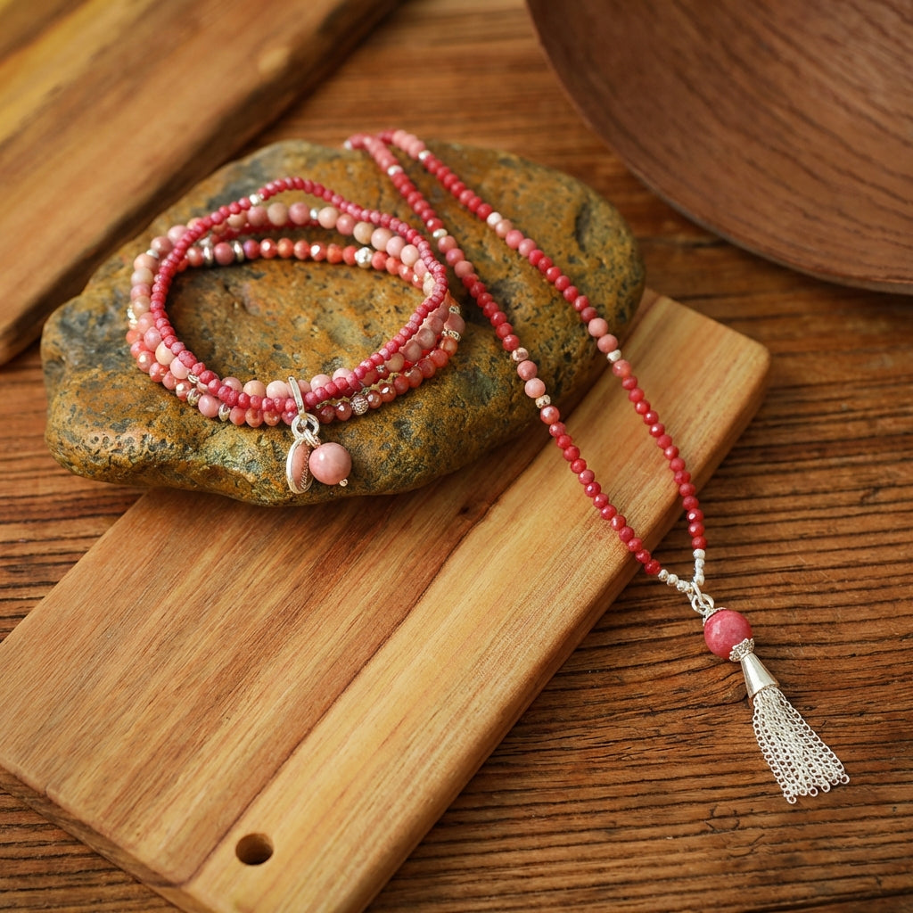 Vitales Schmuck-Set aus rotem Achat mit Anhänger. Kombination aus kräftig roten Edelstein-Halskette und Armband.