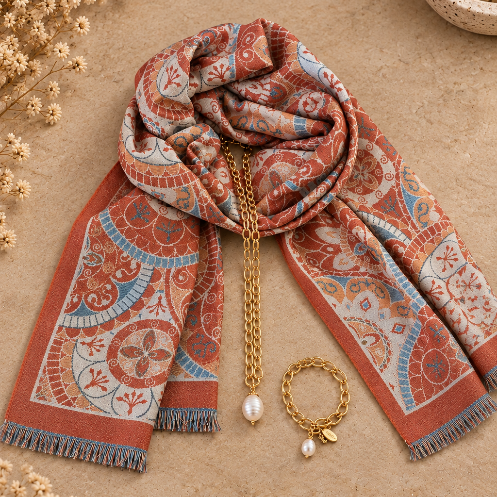 Geschenkset mit Shellbead aus Muschelkern und gemustertem Schal