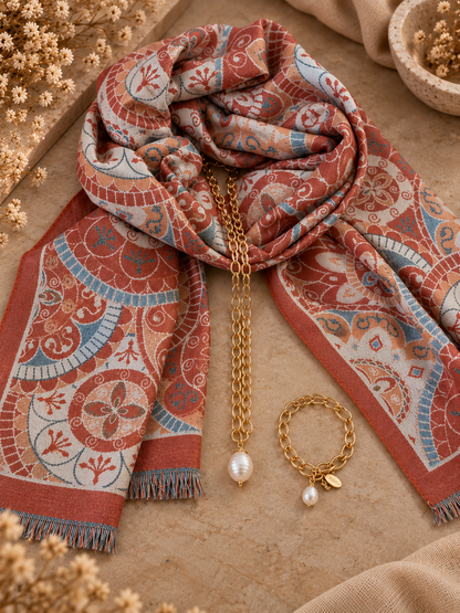 Geschenkset mit Shellbead aus Muschelkern und gemustertem Schal
