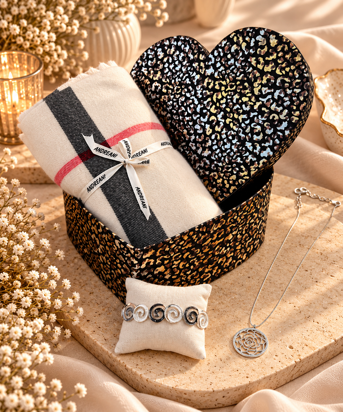 Geschenkset mit Schmuck aus rhodiniertem Metall, Schal &amp; Herzkiste