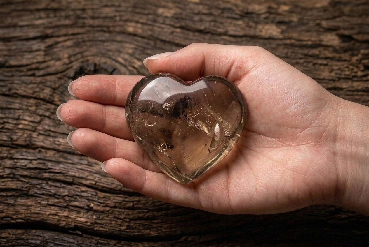 Eine offene Handfläche hält einen glänzenden, herzförmigen Rauchquarz mit rissigen Einschlüssen. Der Kristall ist transparent und hat eine rauchig-braune Farbe. Im unscharfen Hintergrund sind zwei braune, getrocknete Artischocken auf dunklem, strukturiertem Holz zu sehen.