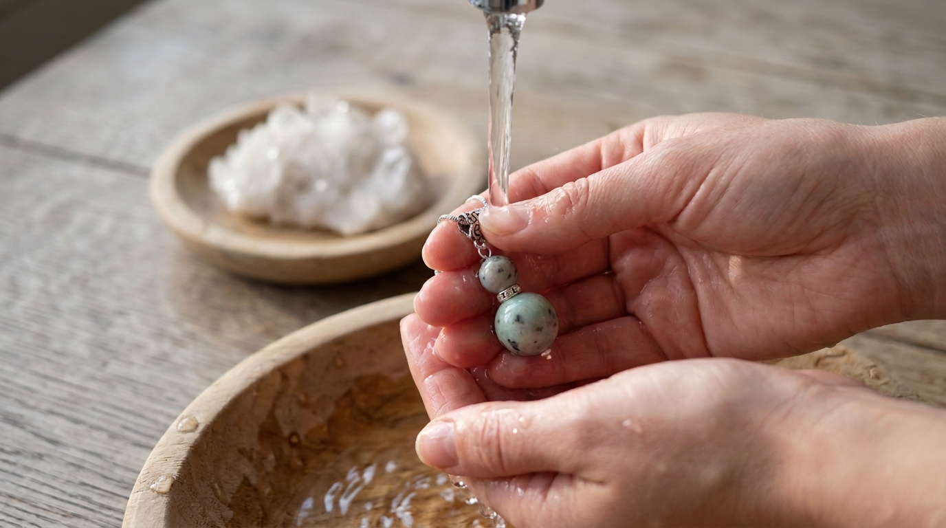 Jaspis Schmuck reinigen und aufladen unter fließendem Wasser – Andreani Edelsteinpflege