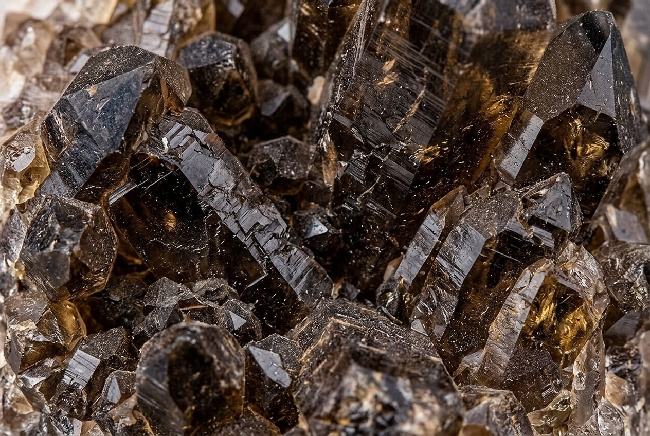 Nahaufnahme eines Clusters aus dunkelbraunen, durchscheinenden Rauchquarz-Kristallen mit deutlichen facettierten Oberflächen und reflektierenden Lichtern auf ihren Spitzen. Die Kristalle variieren in Grösse und zeigen interne Maserungen und Strukturen.