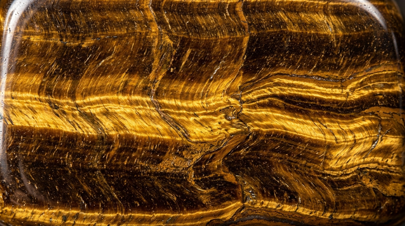 Goldbraun schimmerndes Tigerauge in Nahaufnahme – Die Tigerauge Wirkung für Mut, Fokus und Schutz vor negativen Energien, handgefertigt in der Schweiz von Andreani