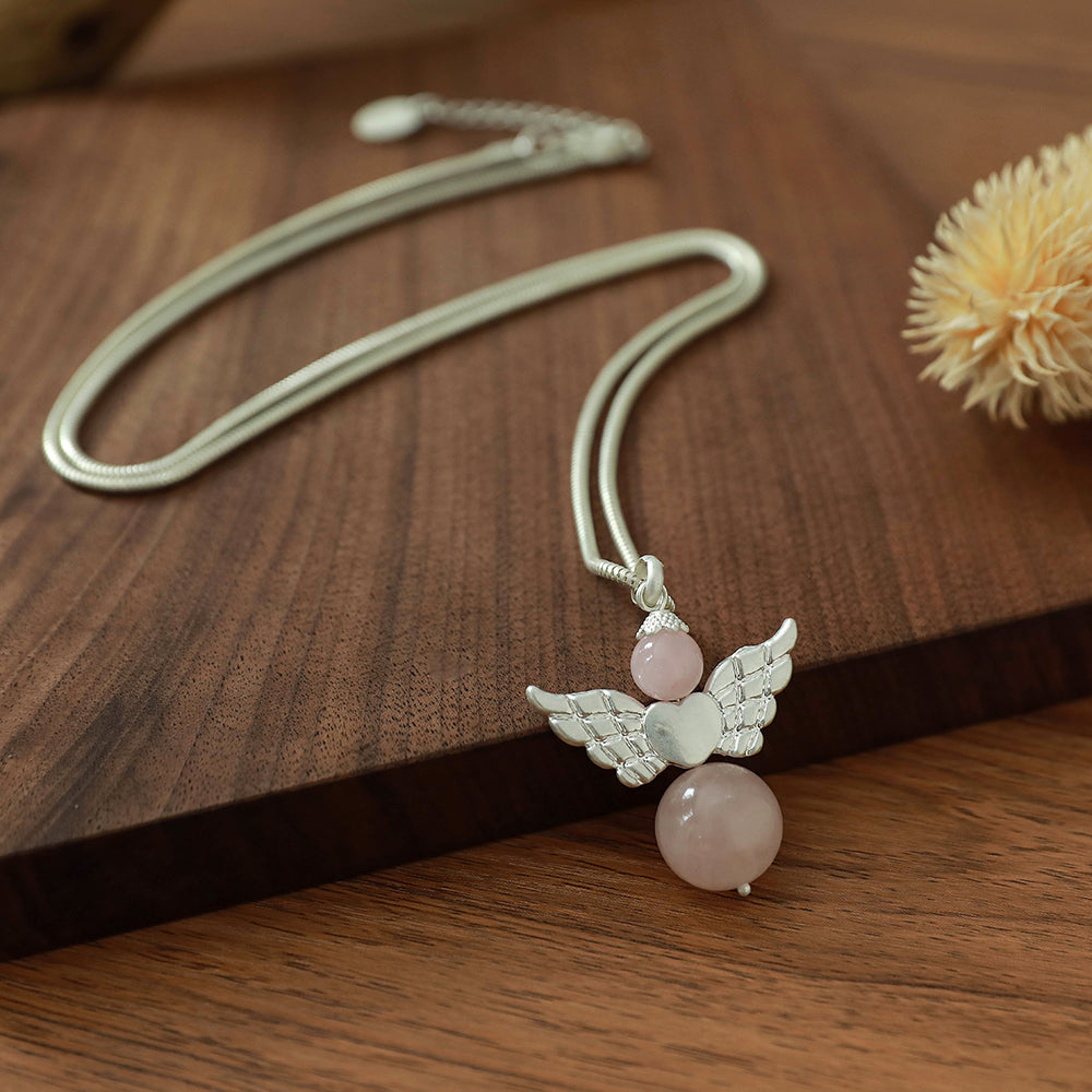 Halskette mit Anhänger Engel und Rosenquarz Andreani – Handgemachter Schmuck